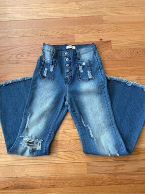 Vibrant Distressed Wide-Leg Button-Front Jeans - Blue